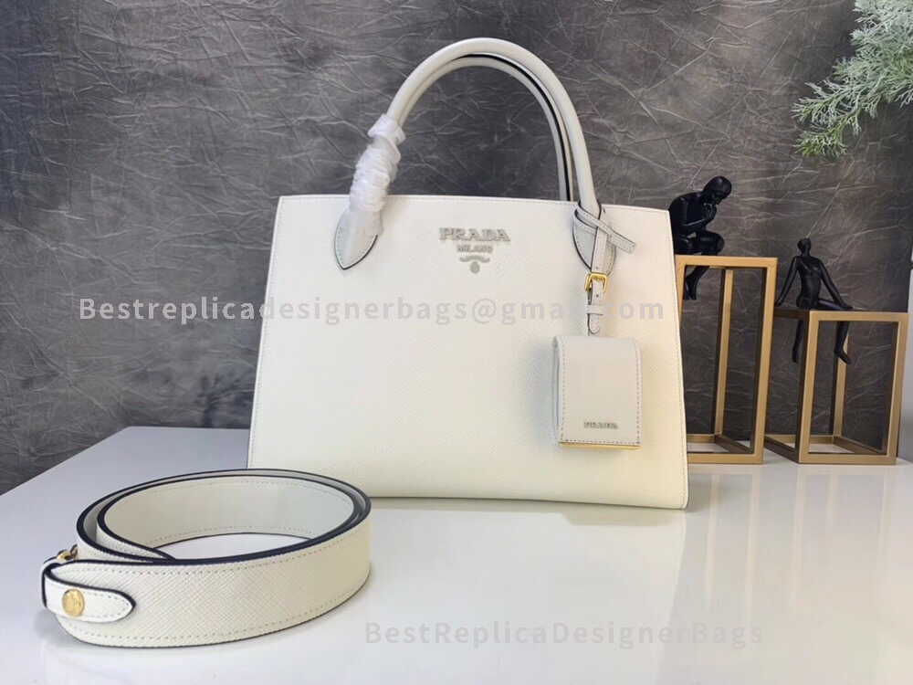 Prada Monochrome White Large Saffiano Leather Shoulder Bag GHW 127